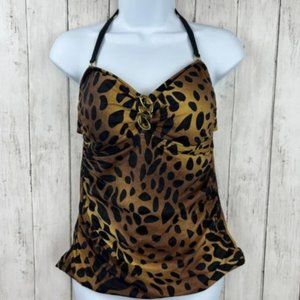 Athena Black Gold Leopard Print Halter Tankini Bathing Swimsuit Top Size 10